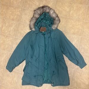 Women's Teal Parka with Faux Fur Hood